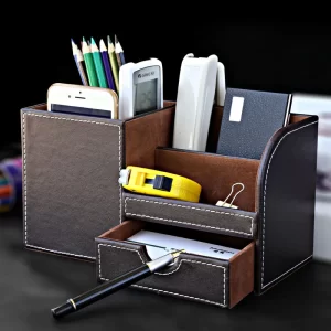 Home Office Wooden Struction Leather Multi-function Desk Stationery Organizer Storage Box, Pen/Pencil ,Cell Phone, Business Na